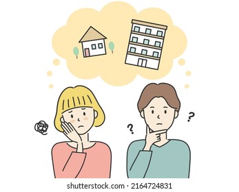 Man and woman who are thinking about whether to live in a detached house or an apartment