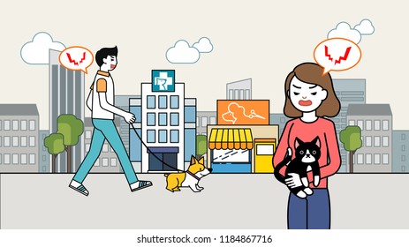 Man and a woman who walk the dog in the city and hold a cat and make a bad face