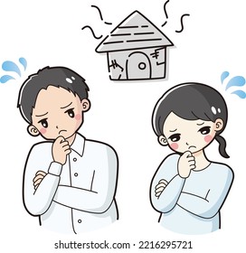 A man and a woman who are worried about a dilapidated house
