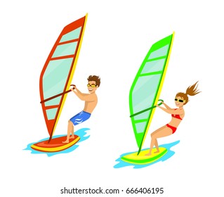 Man and woman windsurfing isolated 