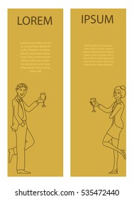 Man and woman with wine glasses, Thin line doodle style cartoon vector vertical banners, Place for your text