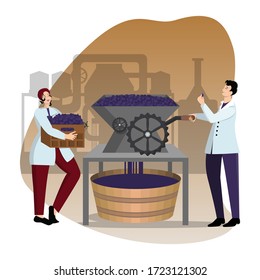 Man and woman winemakers in work uniform crumple grapes on industrial masher against the background of the winery shop. Uniformed employees. Factory wine making. Flat cartoon vector illustration.