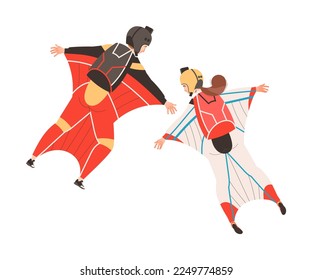 Man and Woman Wingsuit Flying or Wingsuiting as Skydiving Extreme Sport Activity Vector Illustration