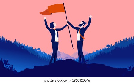 Man and woman winning and celebrating victory together with raised flag. Gender equality in the workplace and business concept. Vector illustration.