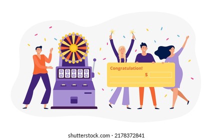 Man And Woman Winning Jackpot On Lottery. Female And Male Characters Holding Big Bank Check With Congratulations. Cartoon Happy Winners With Money Gain. Fortune Or Luck In Gambling Vector