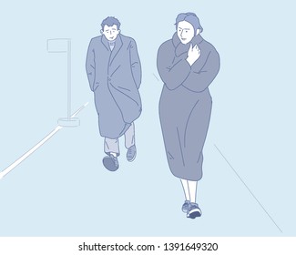 
A man and a woman in a winter coat are walking down the street. hand drawn style vector design illustrations. 