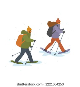 man and woman winter snowshoeing isolated vector cartoon illustration scene