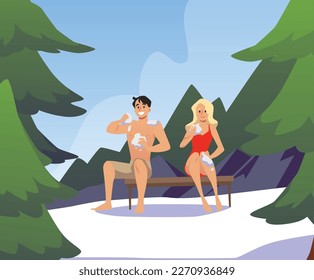 Man and woman wiping with snow, hardening concept - flat vector illustration. People sitting in winter forest in swimsuits. Healthy lifestyle and immune system support and strengthening.