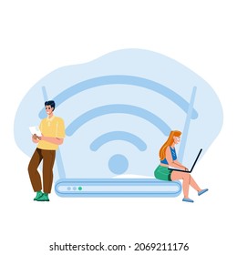 Man And Woman Wireless Connection To Wi-fi Vector. Boy And Girl Wireless Connection Smartphone And Laptop To Router. Characters Users Online Internet Connected Flat Cartoon Illustration