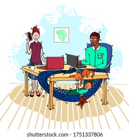 Man and woman work at computers in the room. Couple’s child swings under the table in hammock and plays with the cat. Work from anywhere in the world. Hand drawn vector illustration