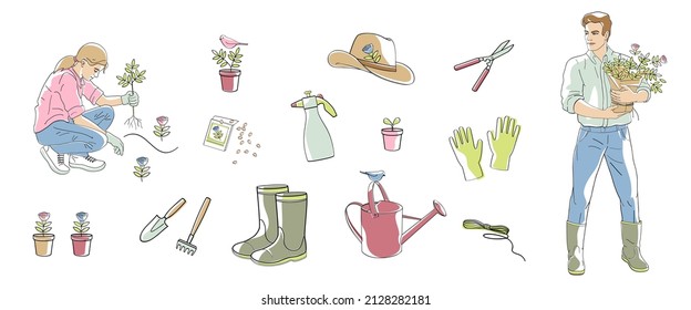 Man and woman work in the garden and set elements -gloves, garden tools, watering can, pots, plants. Linear vector illustration with colour shapes.