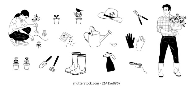 Man and woman work in the garden and set elements -gloves, garden tools, watering can, pots, plants.Black outline on white background vector illustrations.