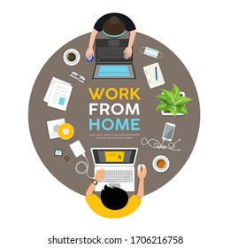 Man and woman work from home, on the desk, top view design background, vector illustration
