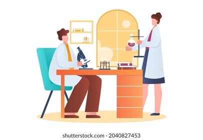 Man and woman work in lab. Research with microscope, particle interaction. Scientific experiment, biotechnology experiment website. Cartoon flat vector illustration isolated on white background