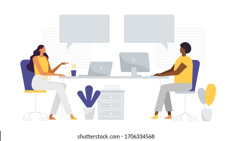 Man and woman work at modern office. African American and European people. Speech bubbles, place for your text. Remote work, freelance. Vector illustration, flat design.