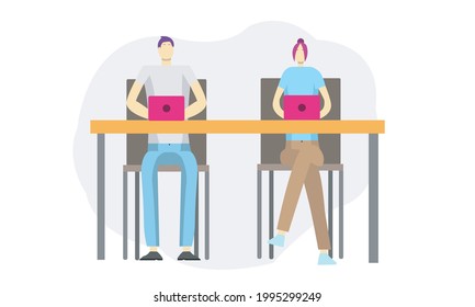Man and woman work on computers in the office. People sitting at the table and work together. Vector illustration.