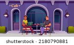 Man and woman work on laptops sitting in cafe. Restaurant or coffee shop facade with table outside and couple of freelancers. Vector cartoon illustration of remote job, freelance concept