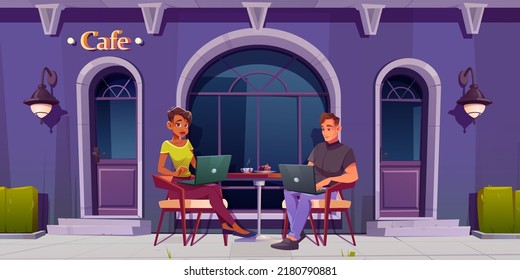 Man and woman work on laptops sitting in cafe. Restaurant or coffee shop facade with table outside and couple of freelancers. Vector cartoon illustration of remote job, freelance concept