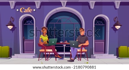 Man and woman work on laptops sitting in cafe. Restaurant or coffee shop facade with table outside and couple of freelancers. Vector cartoon illustration of remote job, freelance concept