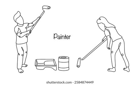 A man and a woman work as painters. They finish walls and floors by applying various paints with a roller. Uniform application of paint during repairs. Painters drawn by line.