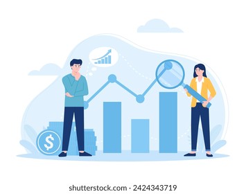 Man and woman work together to analyze market improvement graph trending concept flat illustration