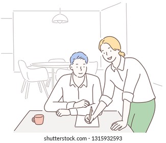Man and woman work together, colleagues, employees. The woman is standing in front of the desk and the man is sitting.hand drawn style vector design illustrations.