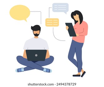 Man and woman work together and discuss their tasks in front of their computers. Communication. Flat style vector illustration