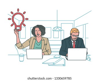 man and woman worker employee work in office and got an idea hand drawn style vector design illustrations