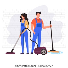 Man and woman workers character cleaning company service. Vector flat cartoon graphic design illustration