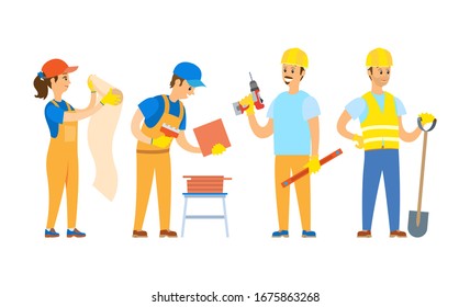 Man and woman workers holding wallpaper, tile and shovel, drill and ruler, renovation teamwork, smiling builders in gloves and helmet, repair vector