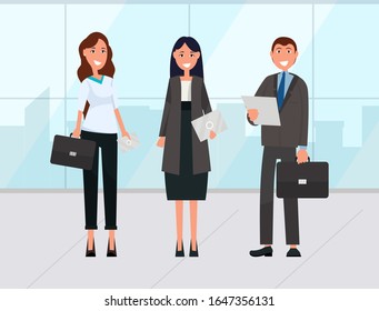 Man and woman workers standing together, business tourists holding documents and handbag. Male and female collaboration, colleagues brainstorming vector