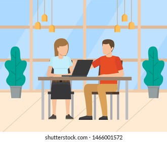Man and woman workers working with laptop, colleague or assistant character using computer. Business workplace with desktop and pc, workers vector. Flat cartoon
