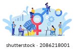 Man and woman working with big gender sign. Gender equality. Workforce without gender discrimination  Fair job opportunity and salary, equal career opportunities. Equal rights between men and women