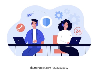 Man and woman working in call center within 24 hours. Flat vector illustration. Young people with headsets answering calls in support or service center. Communication, support, help concept