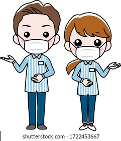 A man and a woman working at a convenience store wearing a surgical mask