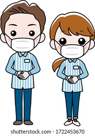 A man and a woman working at a convenience store wearing a surgical mask