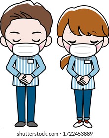 A man and a woman working at a convenience store wearing a surgical mask