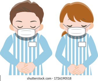 A man and a woman working at a convenience store wearing a surgical mask.