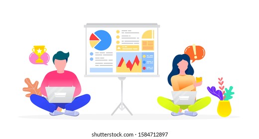 Man and woman working with data analysis using laptops. Team of employees analysis business. Workers with secured info on computers. Infocharts on whiteboard with explanation charts financial
analytic