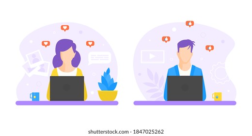 Man and Woman Working at Desks, Office Employees Characters Sitting on Chair at Table in front of Computer Screens in Office Workplace Vector Illustration