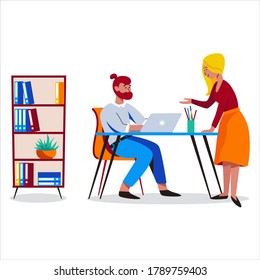 Man and woman working in friendly open space workplace. Coworking, freelance, teamwork, communication, interaction, idea, independent activity concept. Vector illustration on white background