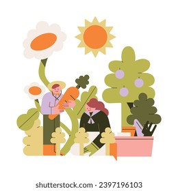 Man and woman working in the garden. Flat style vector illustration.