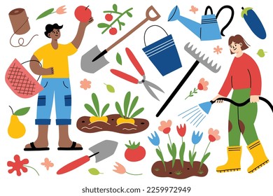 Man and woman working in garden, gardening tools hand drawn collection, doodle icons of bucket, hose, rake, vector illustrations of farming in spring, isolated colored clipart on white background