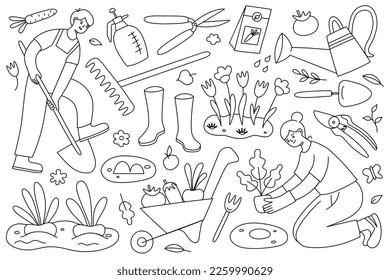 Man and woman working in garden. Hand drawn gardening and farming scene, cartoon people planting, digging, garden tools collection, doodle icons of garden beds, rake, watering can, vector illustration