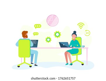 A man and a woman are working hard with a laptop. Vector business illustration