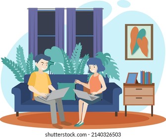 Man and woman working at home illustration