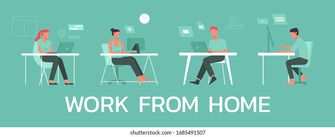 man and woman working from home on laptops computers, co-working space concept, flat vector illustration