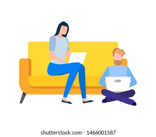Man and woman working from home vector, team of freelancers with laptops flat style, lady sitting on couch and male on ground, programming and coding. Flat cartoon