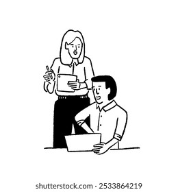 Man and woman working with laptop computer Office Business Entrepreneur Hand drawn line art illustration People lifestyle cartoon 