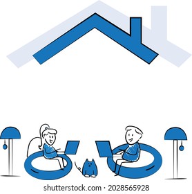 Man and woman working with laptop at home office concept. Teleconference and online business call Looking at Computer Screen and Talking with Colleagues Online.isolated vector illustration doodle art
